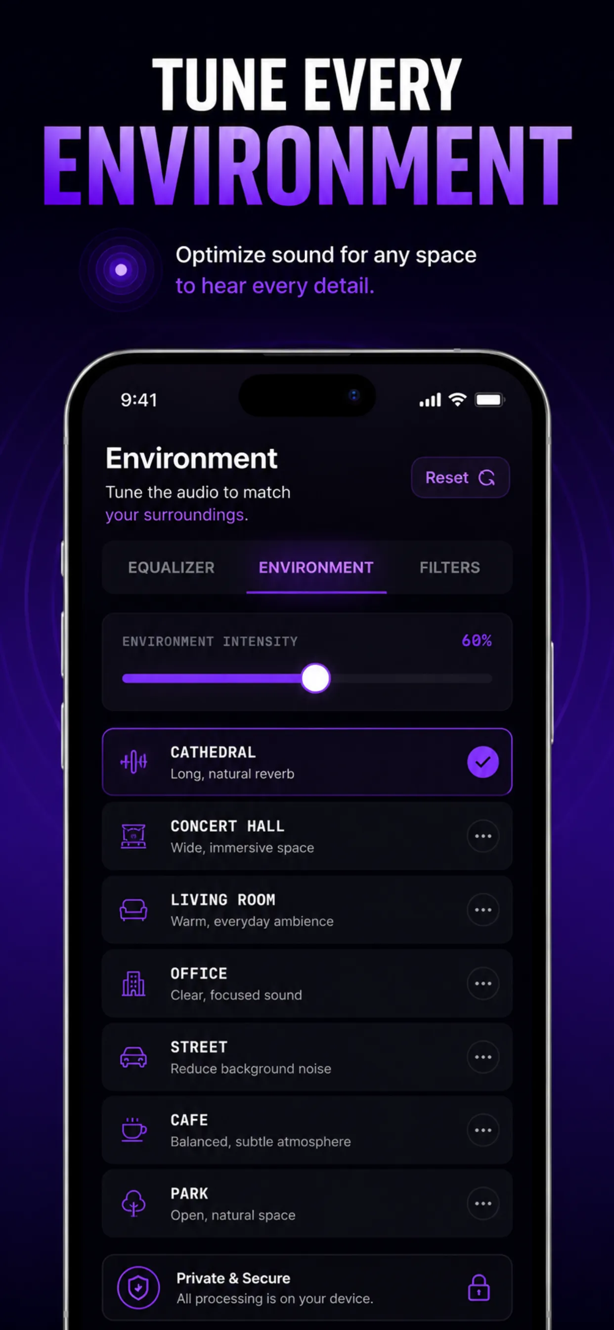Spy Hearing environment picker with acoustic-space presets
