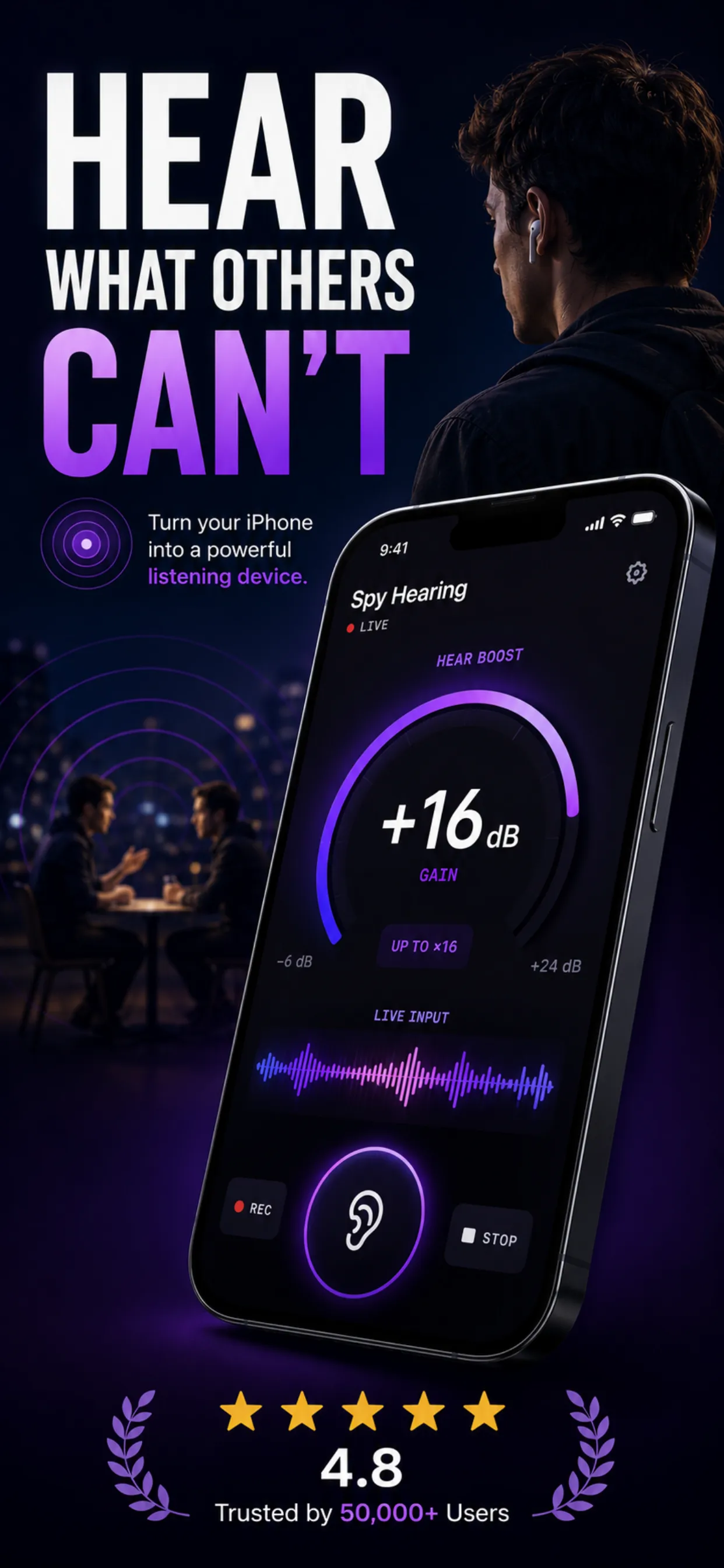 Spy Hearing gain screen showing +16 dB amplification and waveform