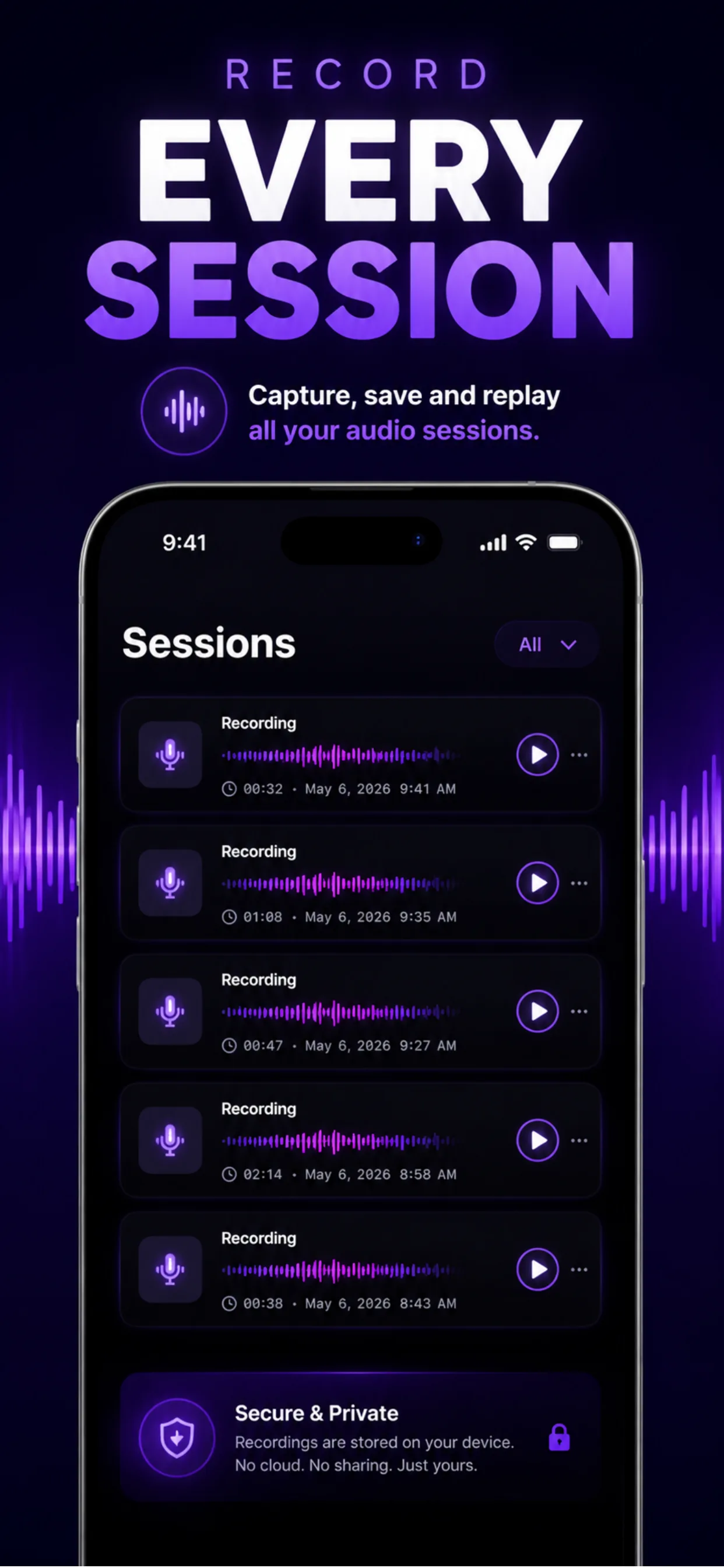 Spy Hearing sessions list showing multiple recorded sessions with timestamps and playback controls